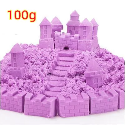 Kinetic space sand in multiple colours including blue, green, orange, pink, purple, red, rose, and sand colour in plastic bag packaging