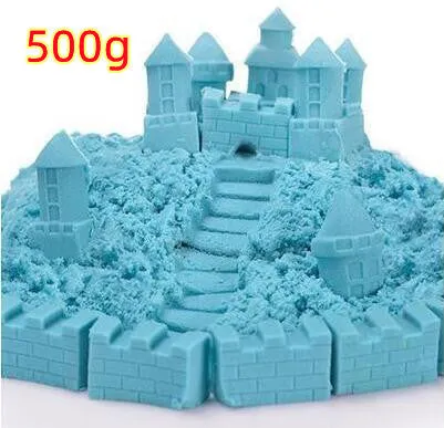 Kinetic space sand in multiple colours including blue, green, orange, pink, purple, red, rose, and sand colour in plastic bag packaging