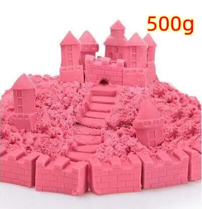 Kinetic space sand in multiple colours including blue, green, orange, pink, purple, red, rose, and sand colour in plastic bag packaging