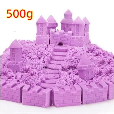 Kinetic space sand in multiple colours including blue, green, orange, pink, purple, red, rose, and sand colour in plastic bag packaging