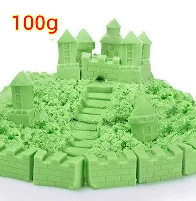 Kinetic space sand in multiple colours including blue, green, orange, pink, purple, red, rose, and sand colour in plastic bag packaging
