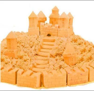 Kinetic space sand in multiple colours including blue, green, orange, pink, purple, red, rose, and sand colour in plastic bag packaging