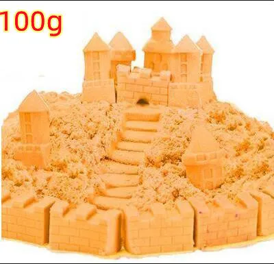 Kinetic space sand in multiple colours including blue, green, orange, pink, purple, red, rose, and sand colour in plastic bag packaging