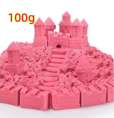 Kinetic space sand in multiple colours including blue, green, orange, pink, purple, red, rose, and sand colour in plastic bag packaging