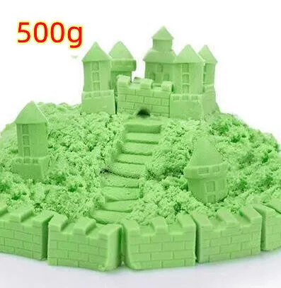 Kinetic space sand in multiple colours including blue, green, orange, pink, purple, red, rose, and sand colour in plastic bag packaging