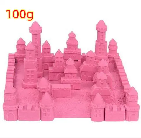 Kinetic space sand in multiple colours including blue, green, orange, pink, purple, red, rose, and sand colour in plastic bag packaging