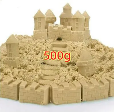 Kinetic space sand in multiple colours including blue, green, orange, pink, purple, red, rose, and sand colour in plastic bag packaging