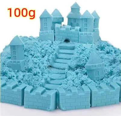 Kinetic space sand in multiple colours including blue, green, orange, pink, purple, red, rose, and sand colour in plastic bag packaging
