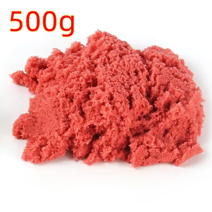 Kinetic space sand in multiple colours including blue, green, orange, pink, purple, red, rose, and sand colour in plastic bag packaging