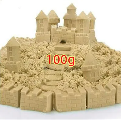 Kinetic space sand in multiple colours including blue, green, orange, pink, purple, red, rose, and sand colour in plastic bag packaging