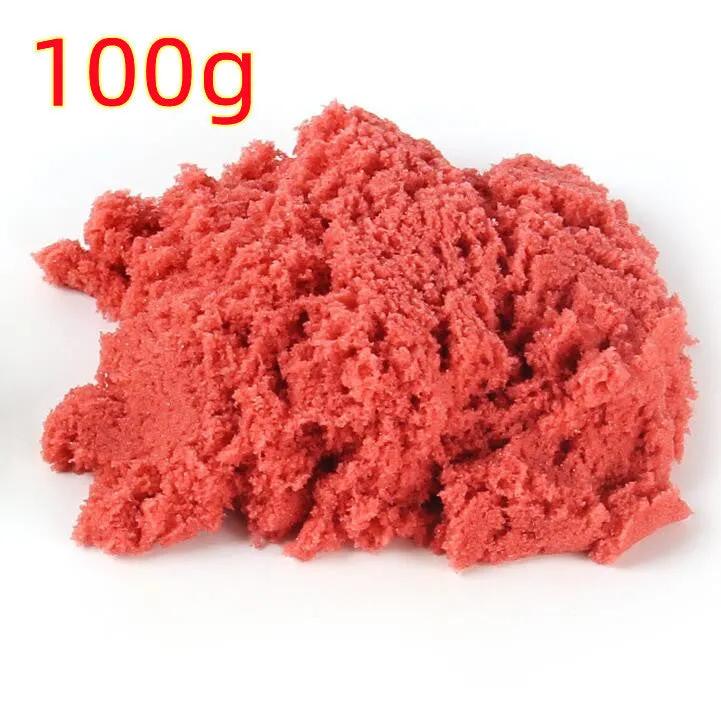 Kinetic space sand in multiple colours including blue, green, orange, pink, purple, red, rose, and sand colour in plastic bag packaging