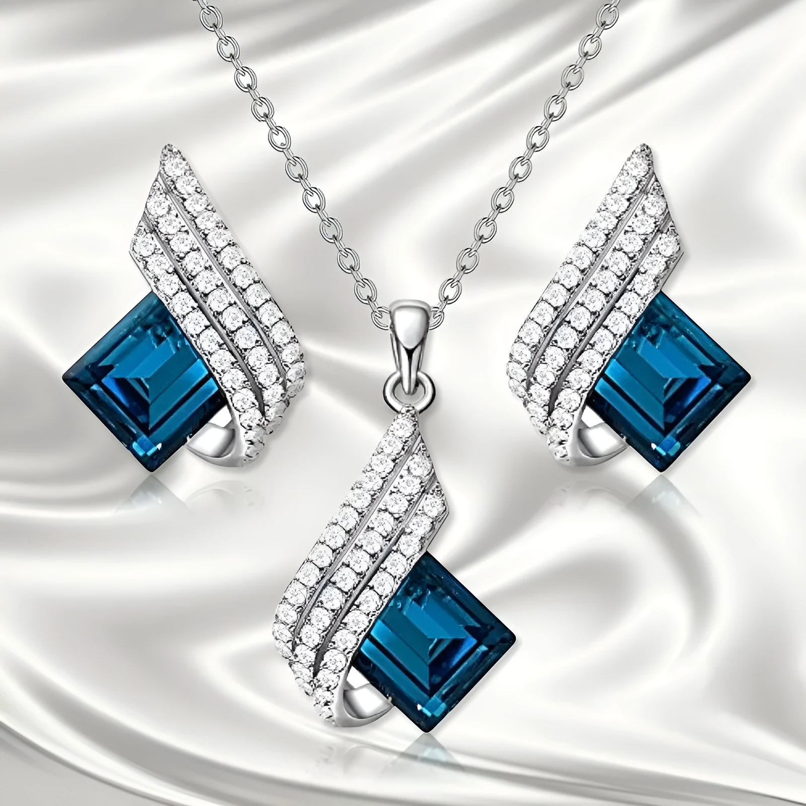 Women's electroplated necklace and earring set with alloy pendant and cross chain glass ornament