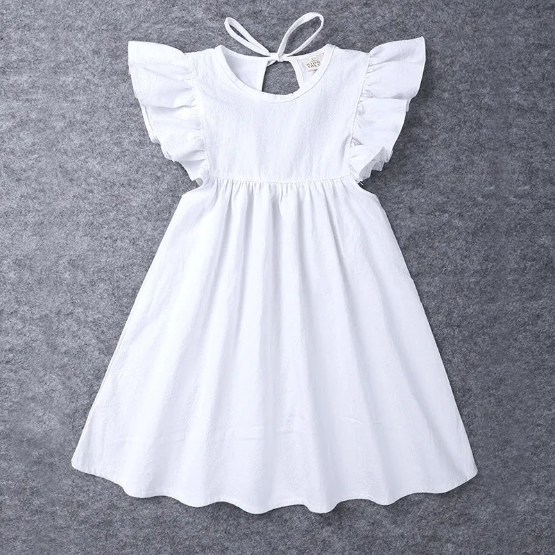 Girls' cotton summer dress with lotus leaf skirt in green and white plain design for children 100-140cm
