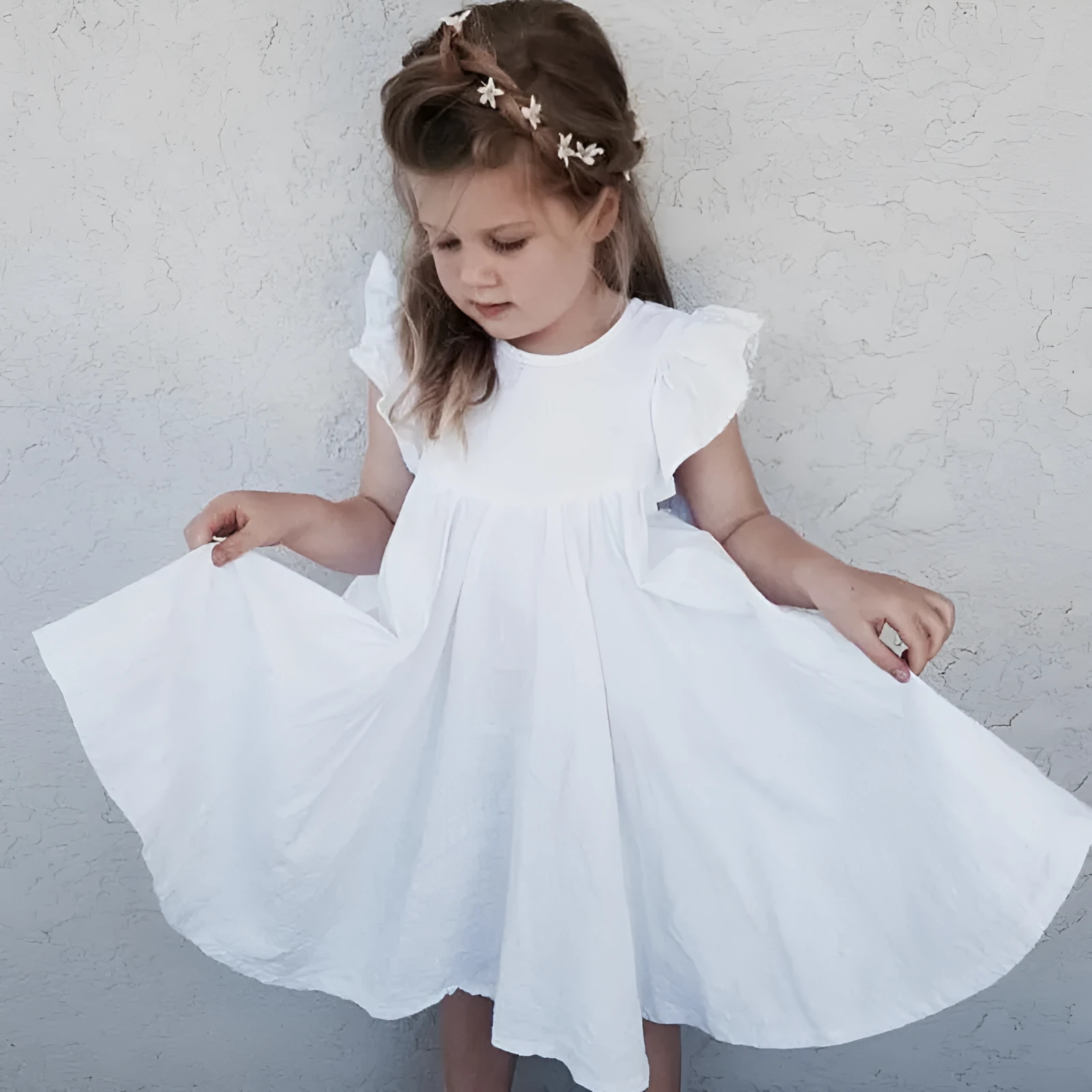 Girls' cotton summer dress with lotus leaf skirt in green and white plain design for children 100-140cm