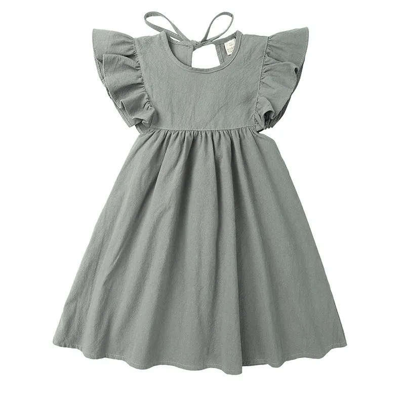 Girls' cotton summer dress with lotus leaf skirt in green and white plain design for children 100-140cm