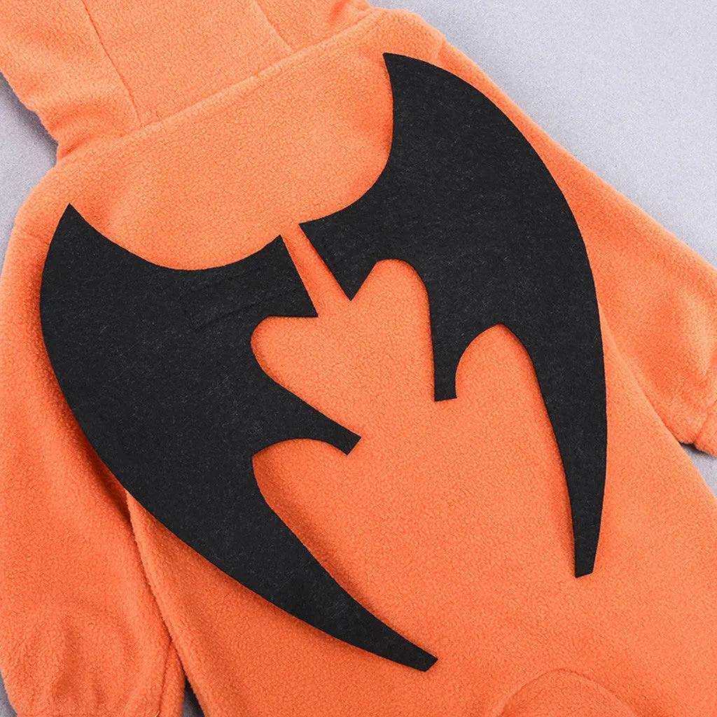 Orange Halloween pumpkin hooded jumpsuit for children with single-breasted closure and hood