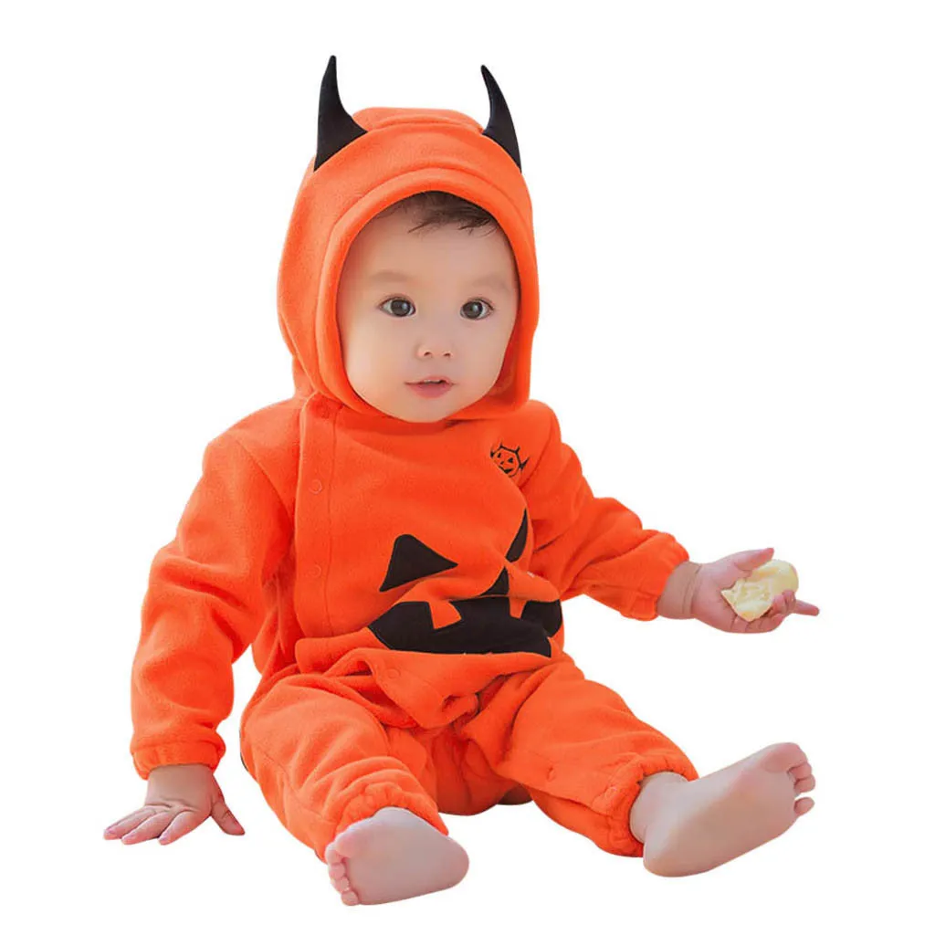 Orange Halloween pumpkin hooded jumpsuit for children with single-breasted closure and hood