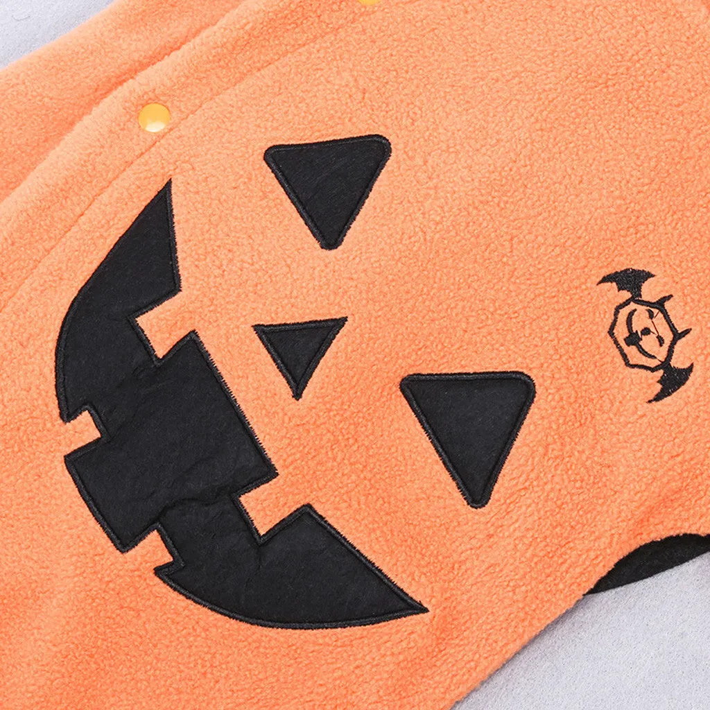 Orange Halloween pumpkin hooded jumpsuit for children with single-breasted closure and hood