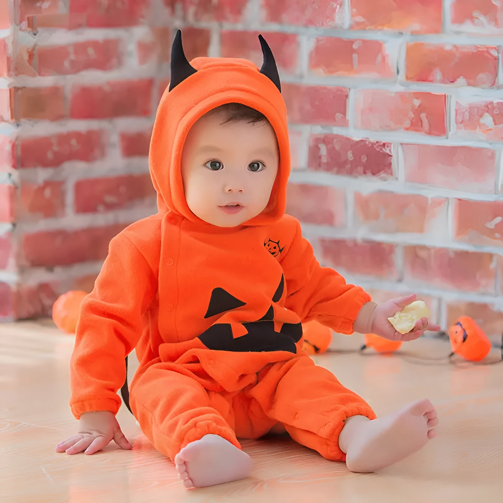 Orange Halloween pumpkin hooded jumpsuit for children with single-breasted closure and hood
