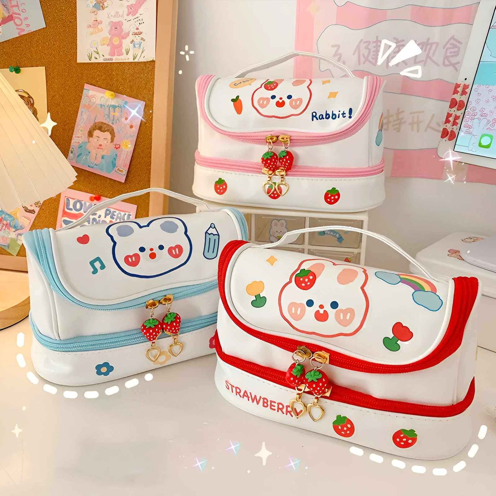 Girls multi-layer PU pencil bag 21cm long animal pattern blue with DIY stickers