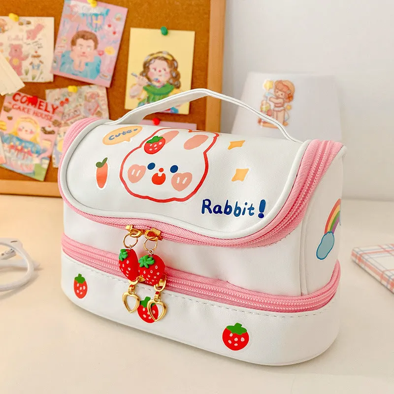 Girls multi-layer PU pencil bag 21cm long animal pattern blue with DIY stickers