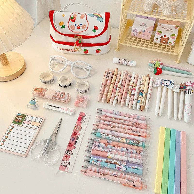 Girls multi-layer PU pencil bag 21cm long animal pattern blue with DIY stickers