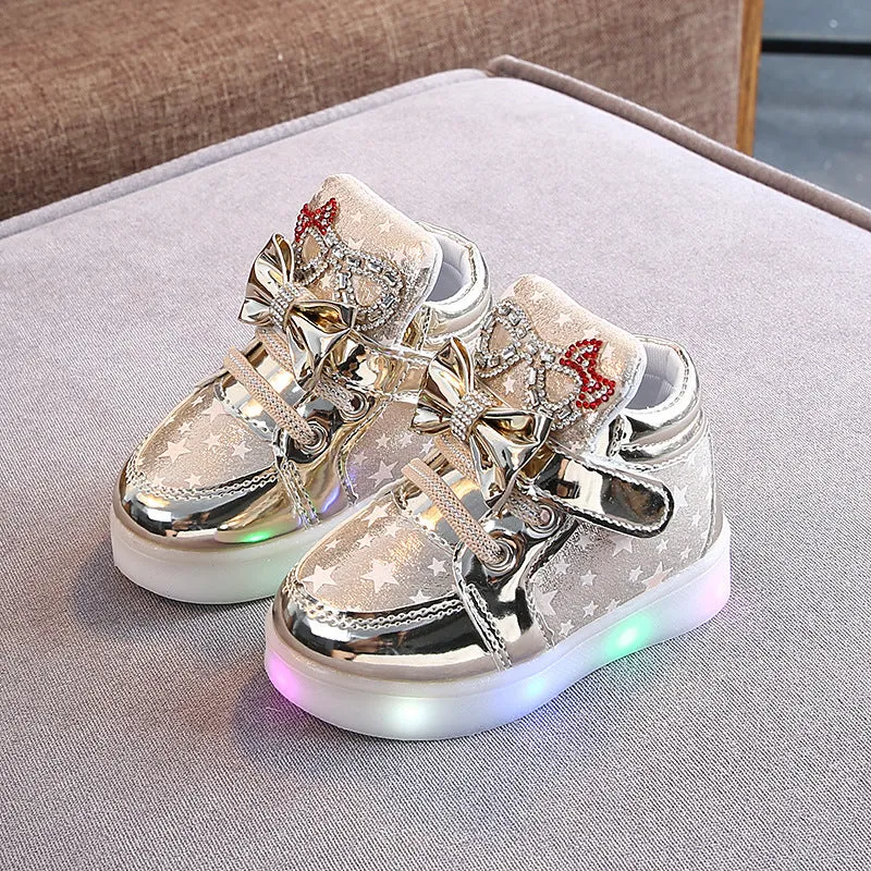 Girls stars printed LED light-up shoes with rhinestones on a white background, artificial leather upper, casual design