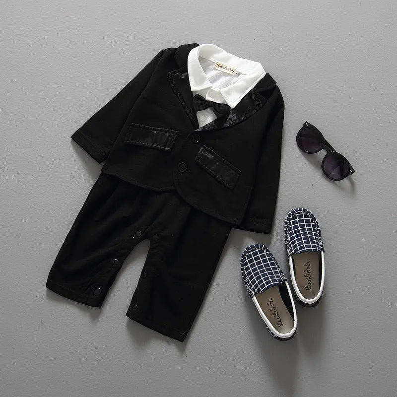 Baby boy gentleman dress long sleeve suit in black cotton fabric on white background