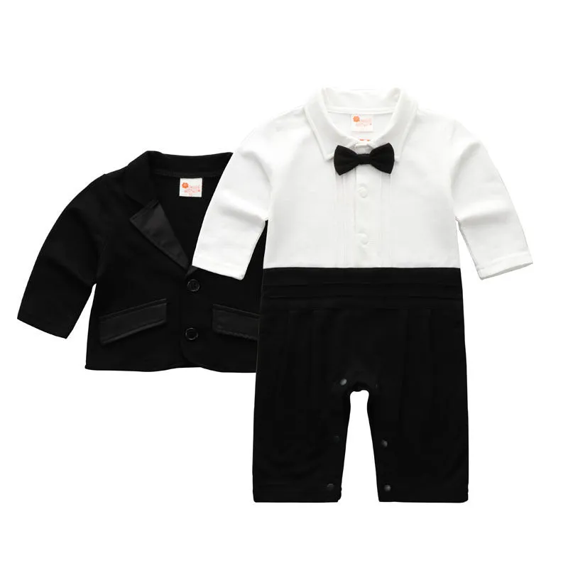 Baby boy gentleman dress long sleeve suit in black cotton fabric on white background