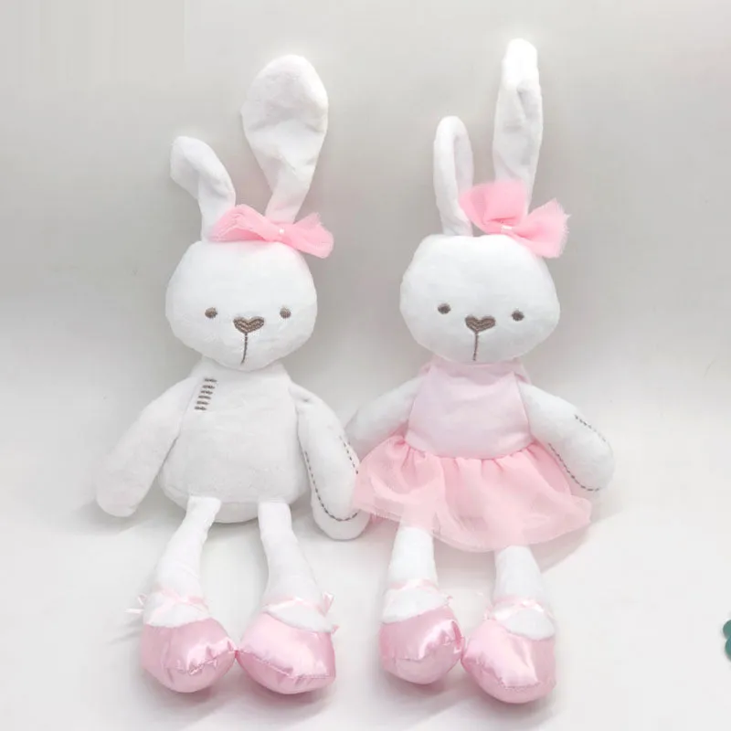Soft 40cm baby rabbit short plush toy in pink, white, and orange for infants 0-3 years