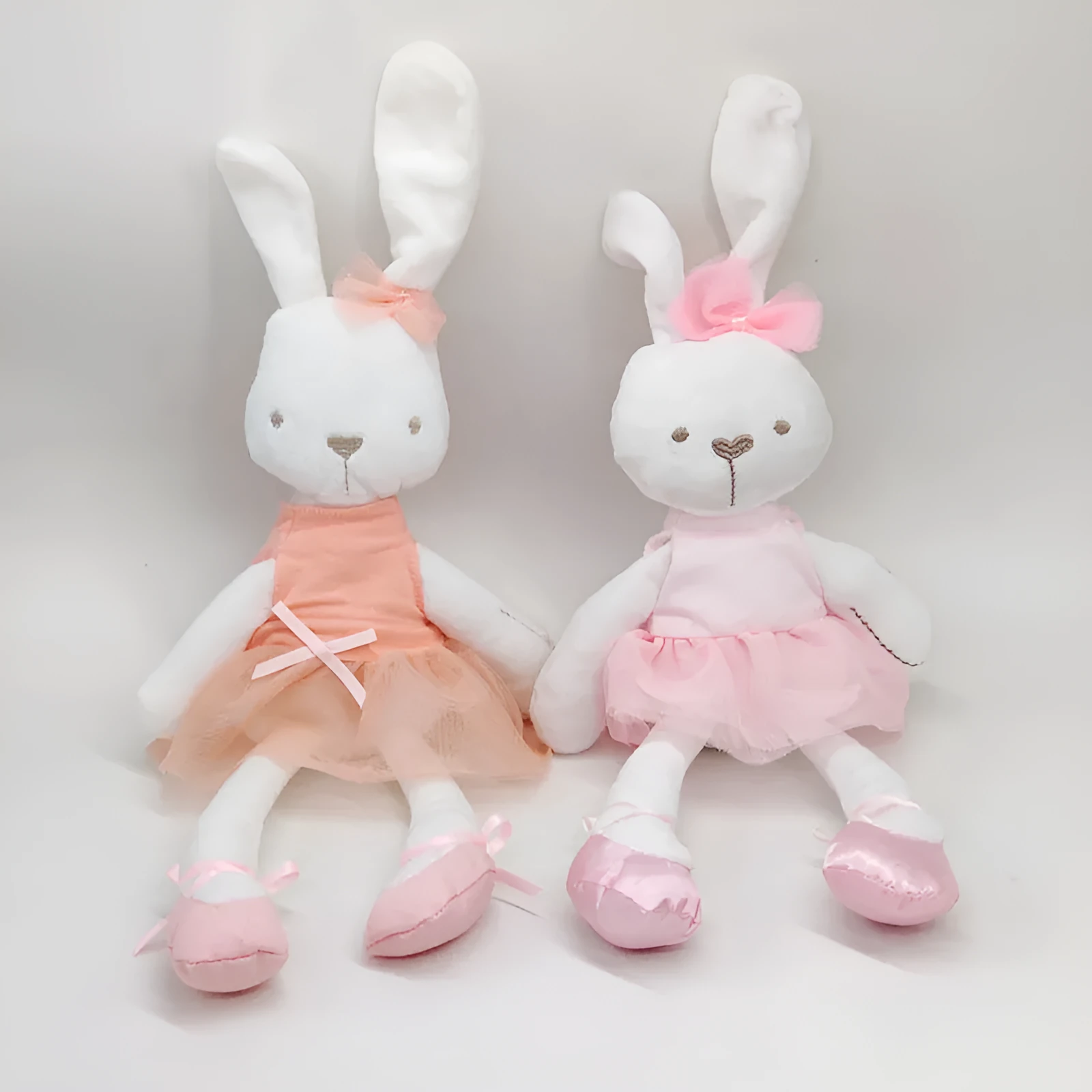 Soft 40cm baby rabbit short plush toy in pink, white, and orange for infants 0-3 years