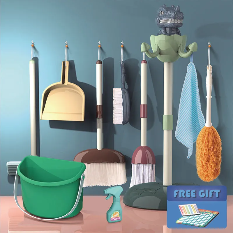 Green children's dinosaur broom and mop set for ages 3 to 6, easy to assemble
