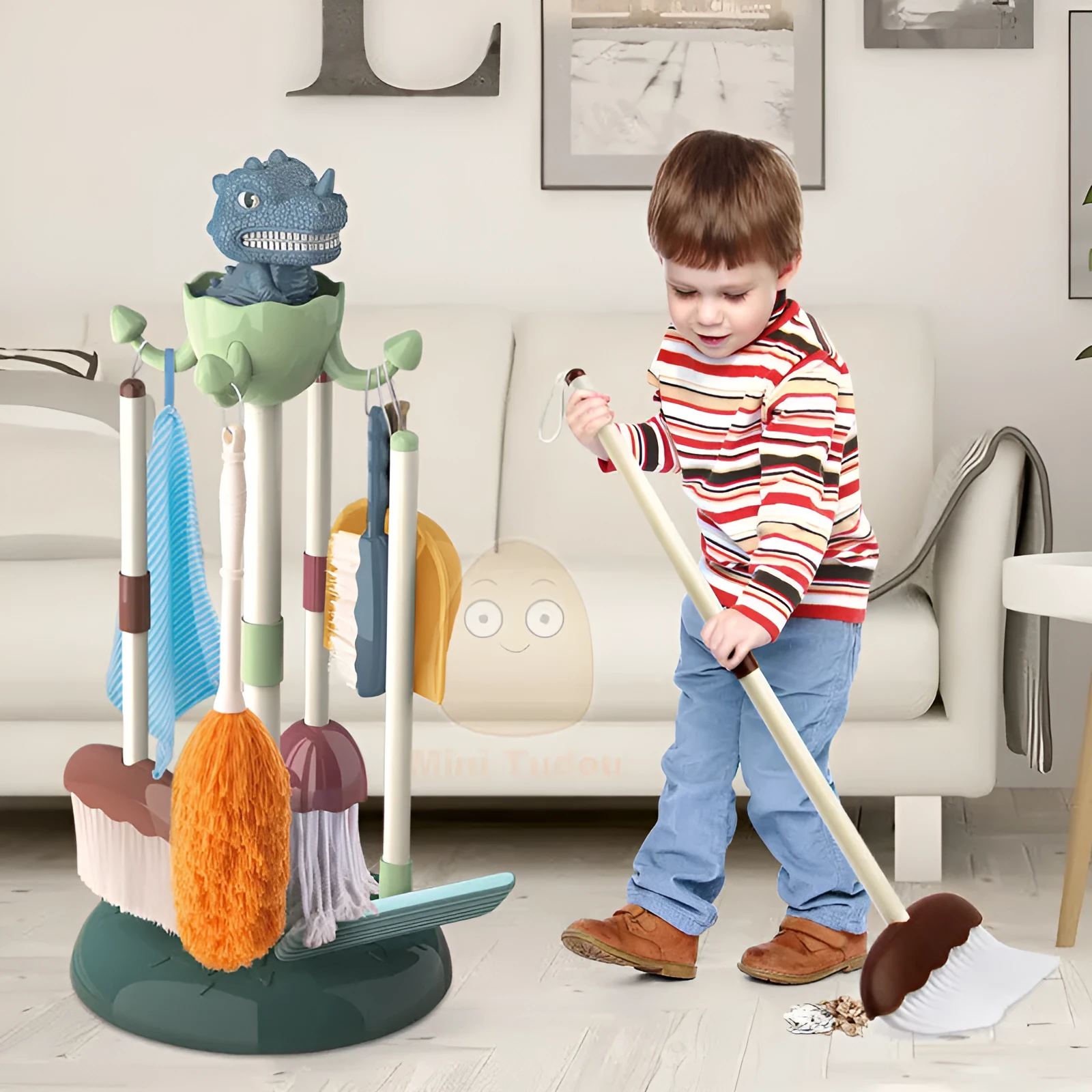 Green children's dinosaur broom and mop set for ages 3 to 6, easy to assemble