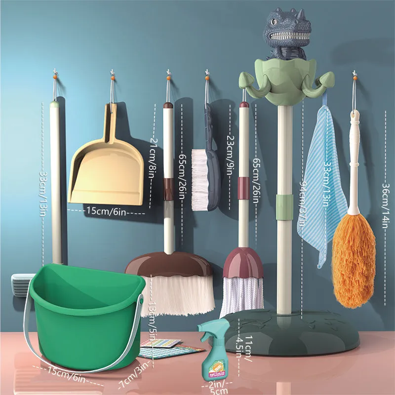 Green children's dinosaur broom and mop set for ages 3 to 6, easy to assemble
