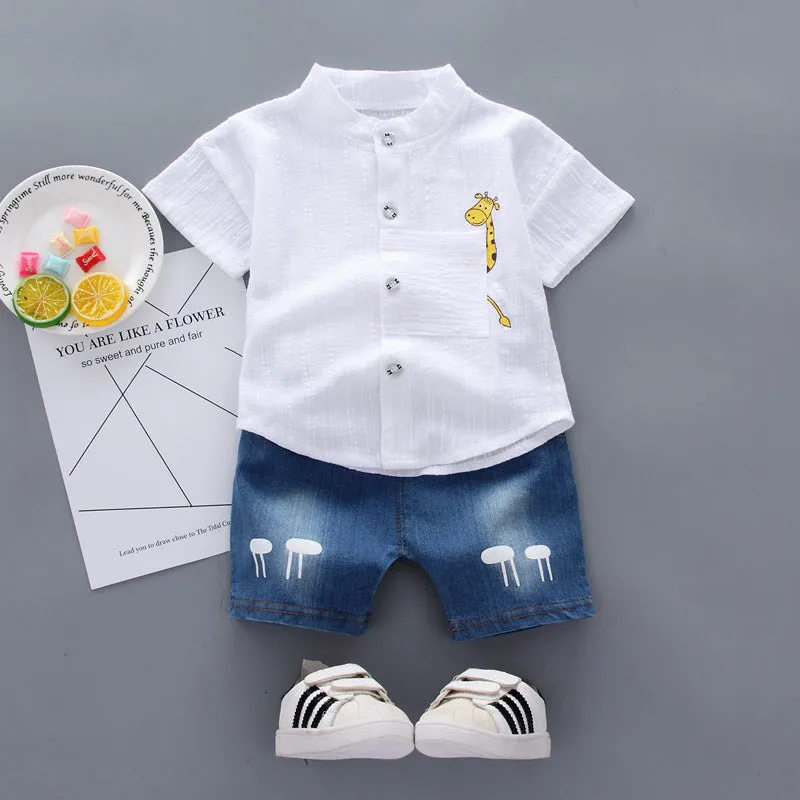 Baby boy cotton short sleeve shirt and shorts set with giraffe cartoon print in white, black, pink for 80-110cm children