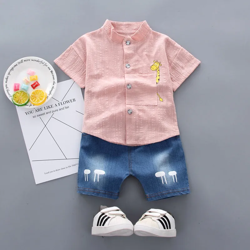 Baby boy cotton short sleeve shirt and shorts set with giraffe cartoon print in white, black, pink for 80-110cm children