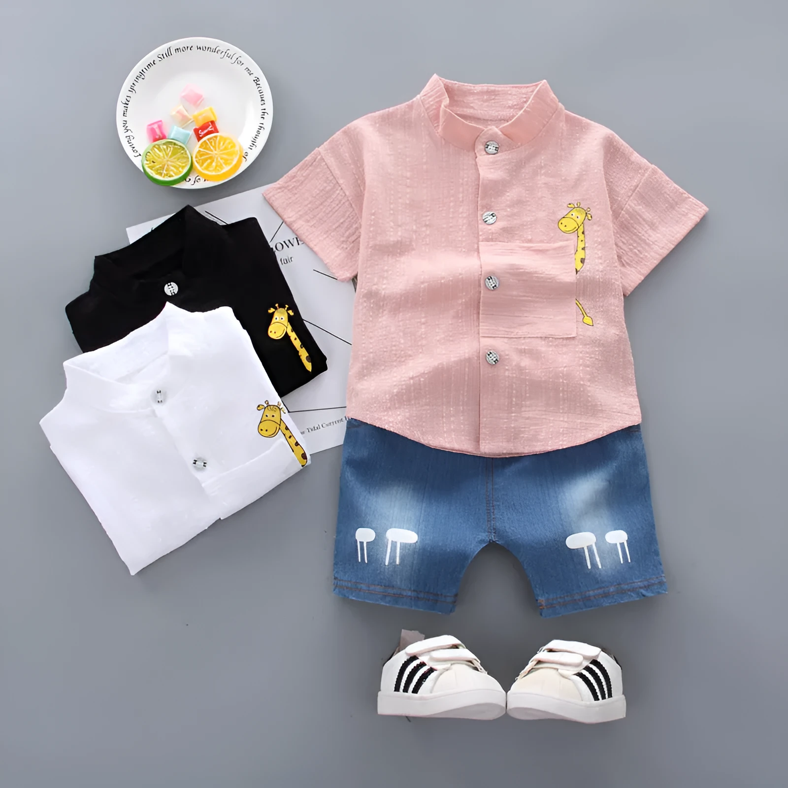 Baby boy cotton short sleeve shirt and shorts set with giraffe cartoon print in white, black, pink for 80-110cm children