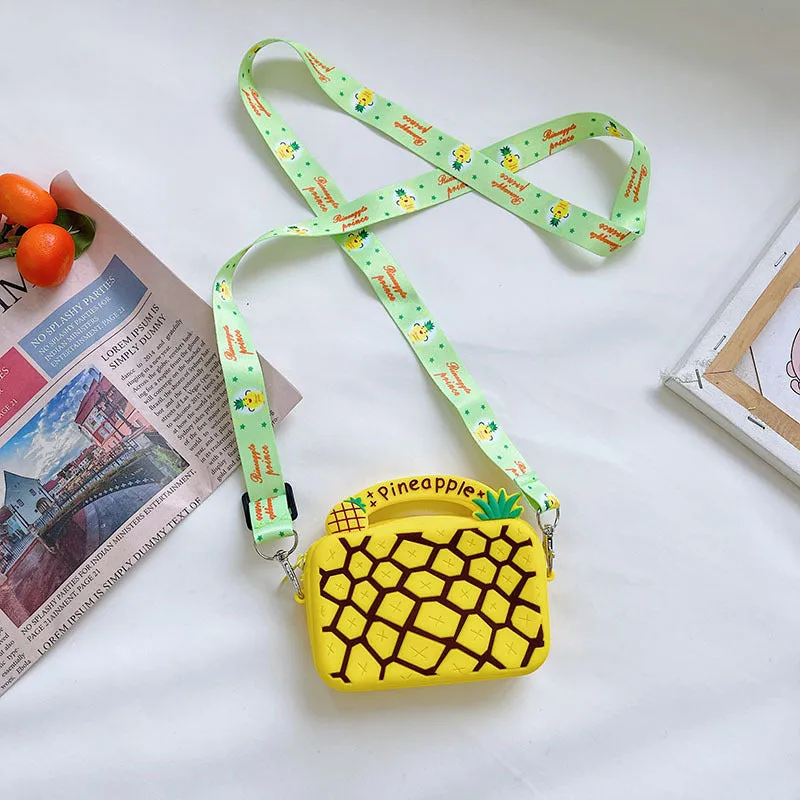 Silicone children's coin purse in round yellow with cartoon donut pattern and crossbody strap