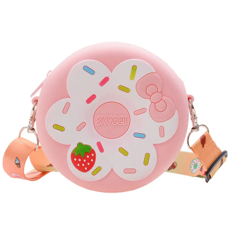 Silicone children's coin purse in round yellow with cartoon donut pattern and crossbody strap