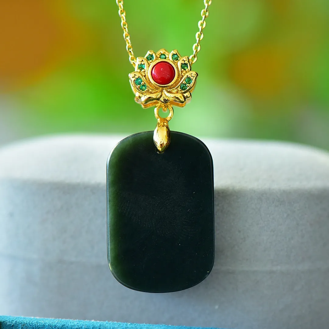 Natural Hetian gray jade pendant with copper inlay on necklace chain