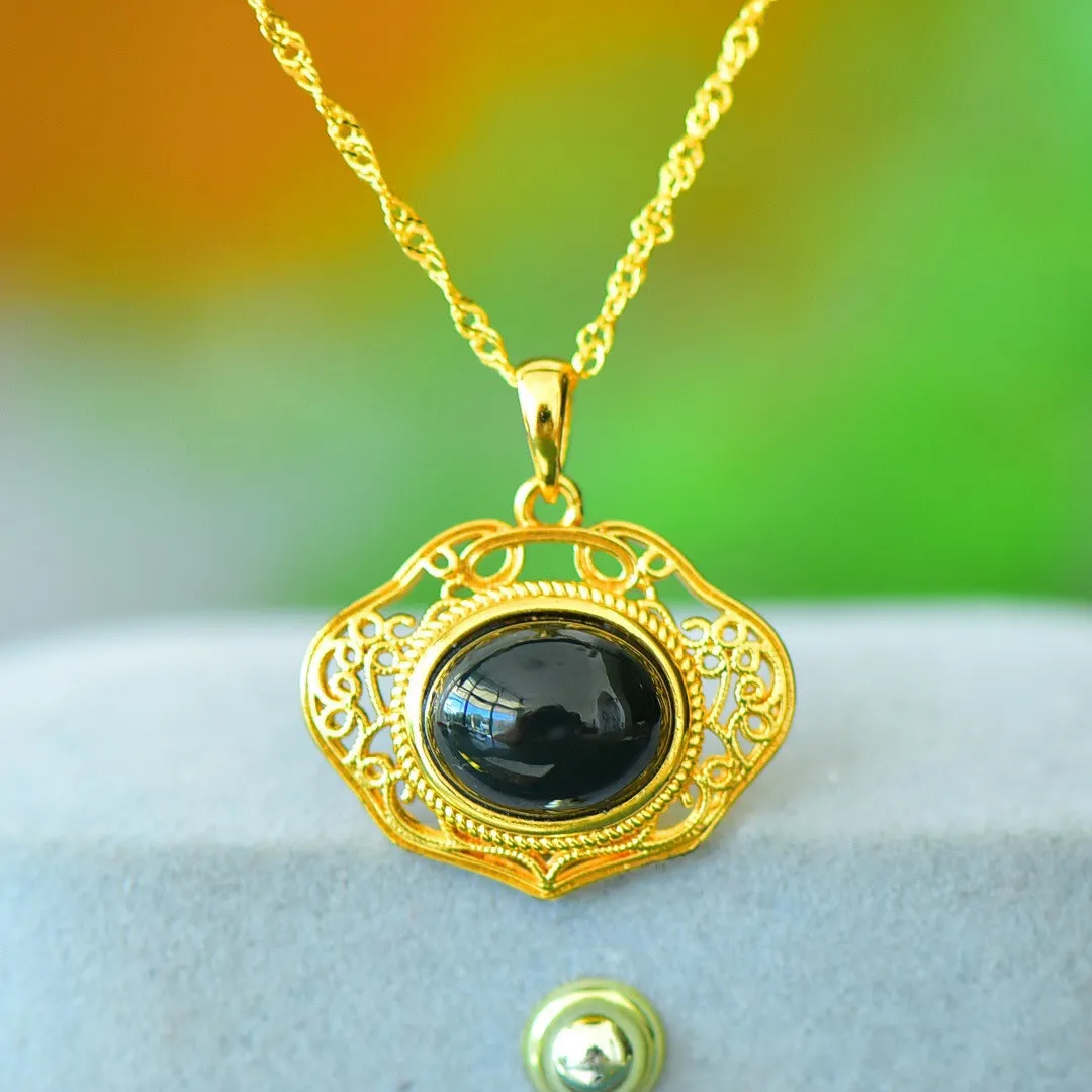 Natural Hetian gray jade pendant with copper inlay on necklace chain