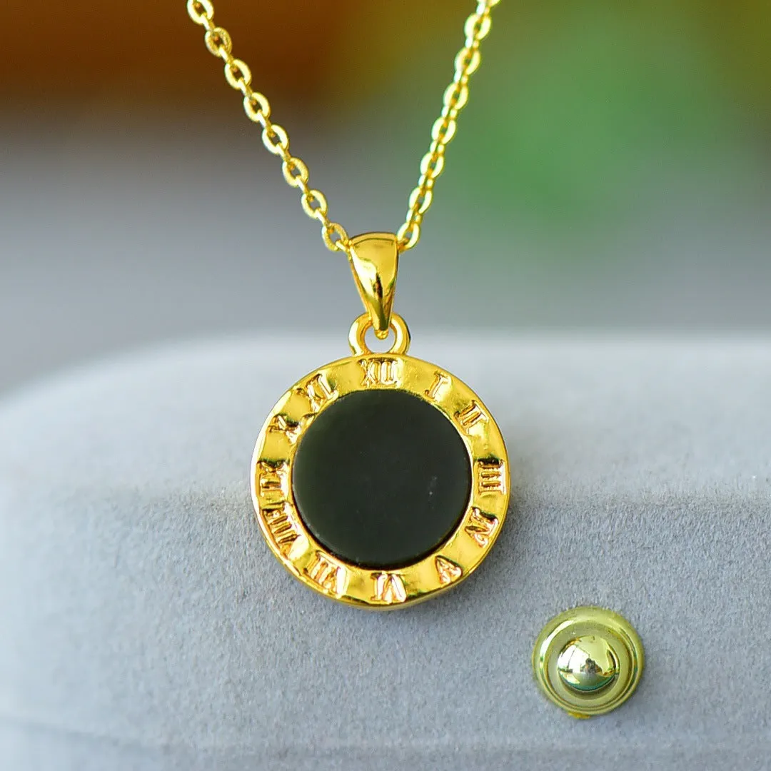 Natural Hetian gray jade pendant with copper inlay on necklace chain