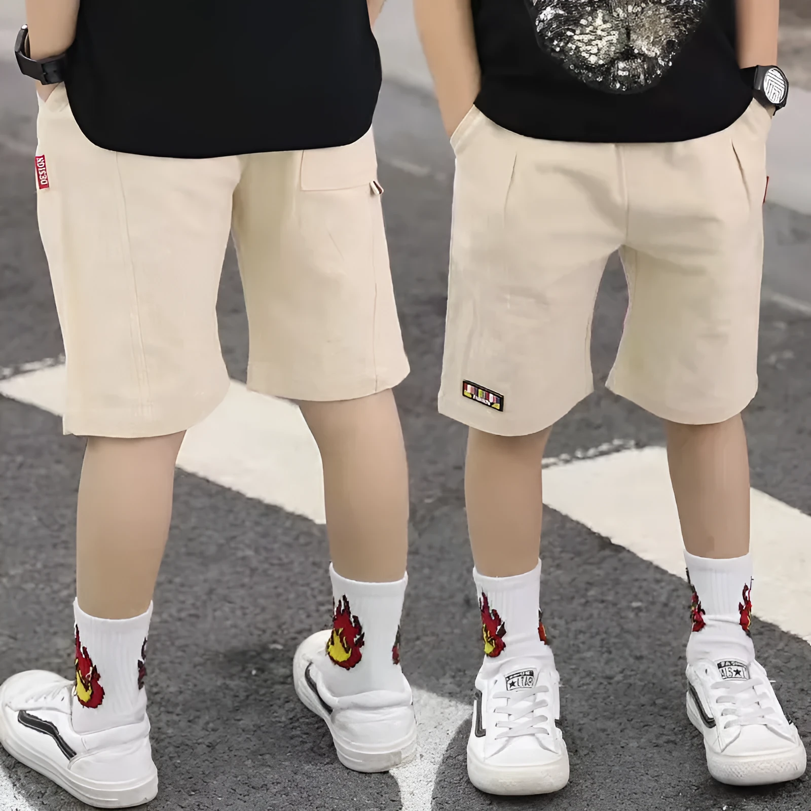Summer boys cotton shorts with tether fly and cropped length in five colours black cyan green khaki yellow