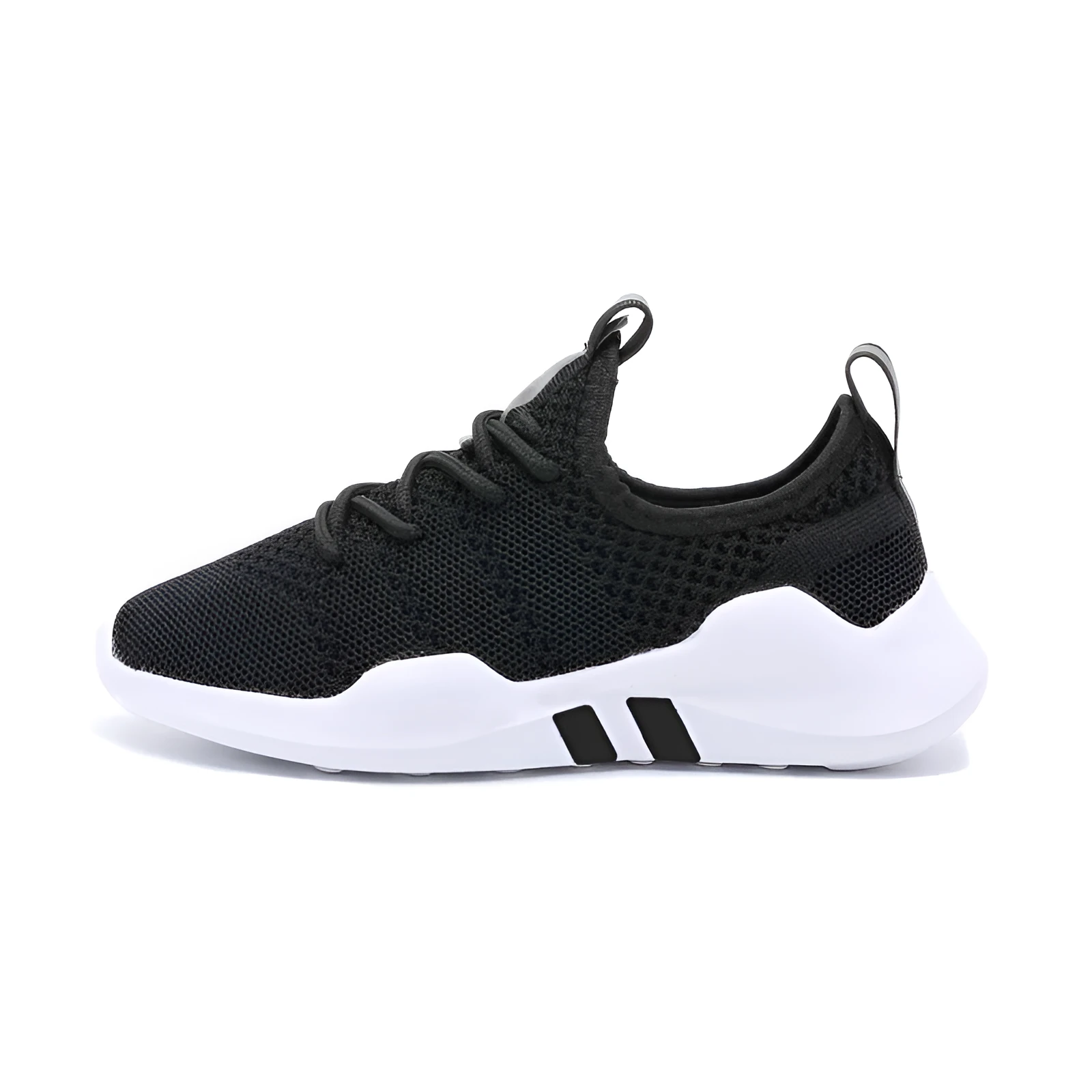 Breathable fly woven children's sports shoe in black with mesh upper and MD sole, side view