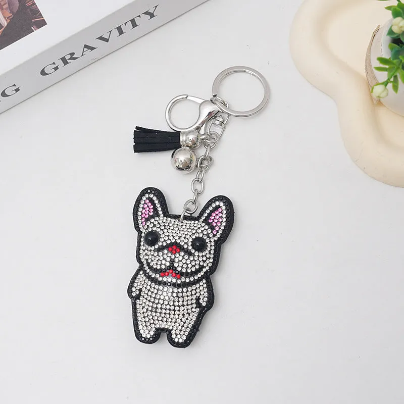 French dog rhinestone keychain pendant with animal design and tassel attachment