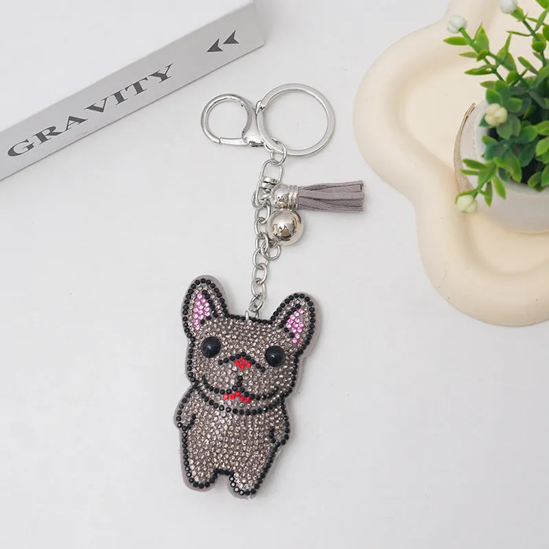 French dog rhinestone keychain pendant with animal design and tassel attachment