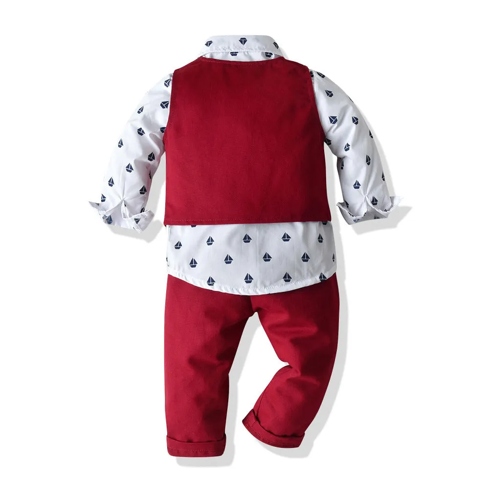 Boys children's long-sleeved shirt vest and pants suit in red cotton single-breasted design