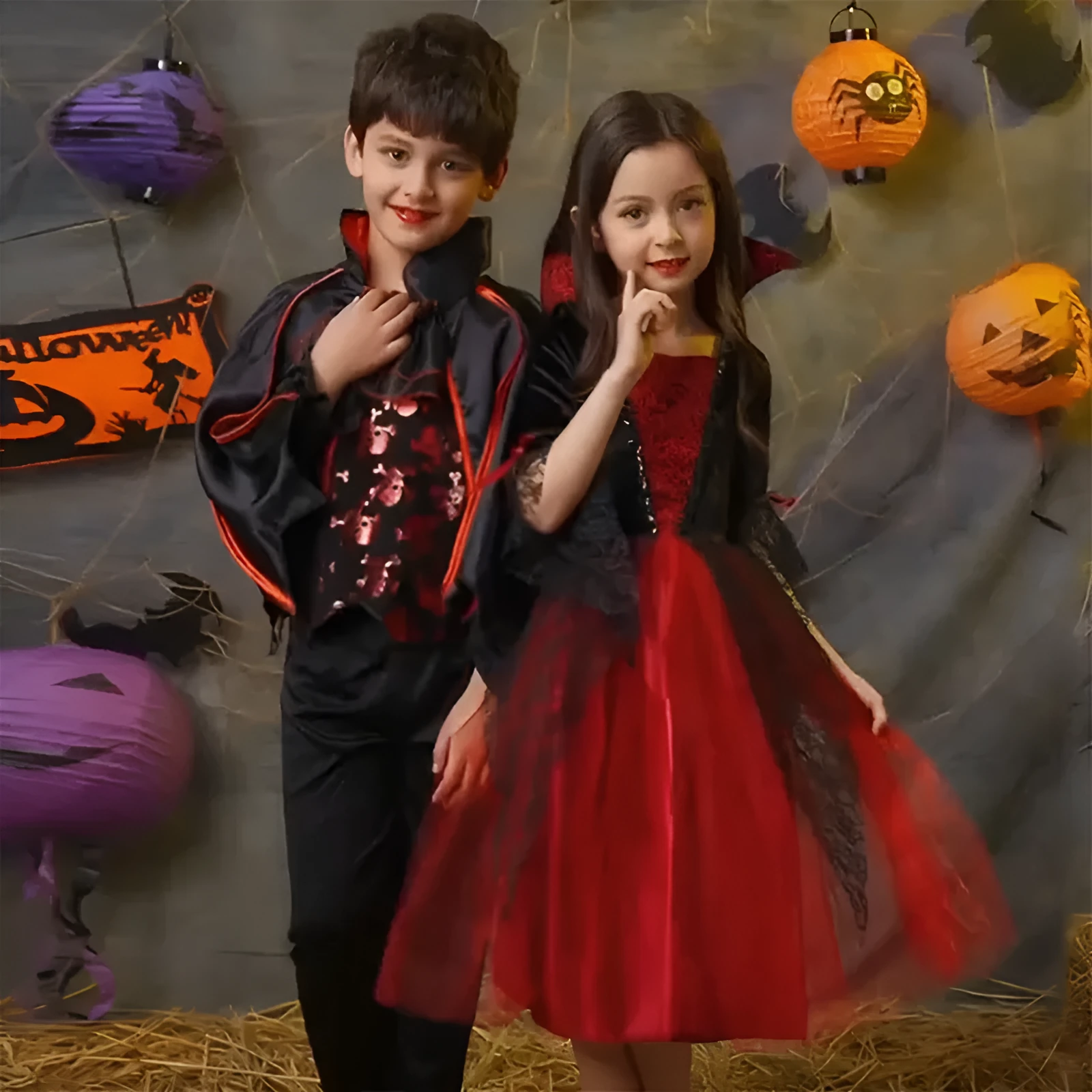 Children's witch costume set with cape and dress in polyester fibre blend, multiple sizes 90-170cm