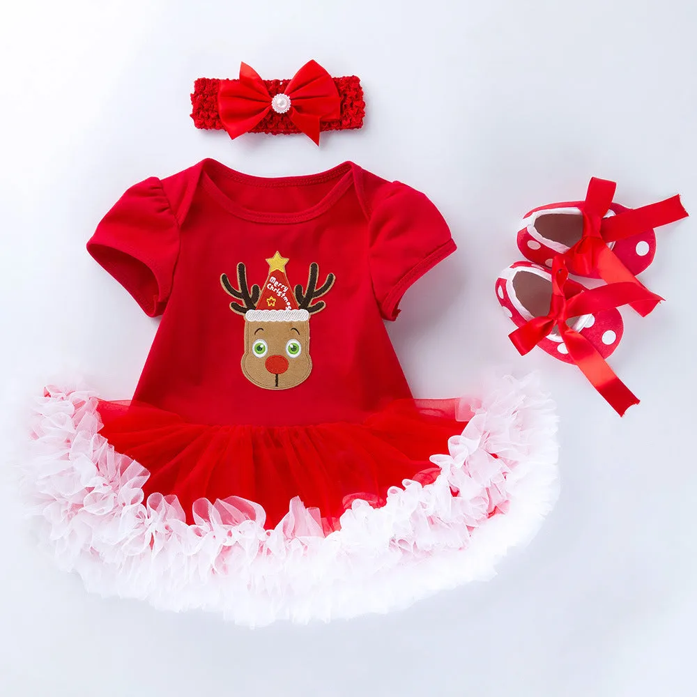 Baby girl short sleeve cartoon romper mesh dress in cotton princess style with bow