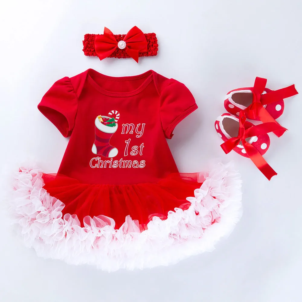 Baby girl short sleeve cartoon romper mesh dress in cotton princess style with bow